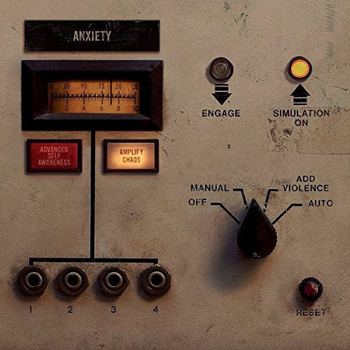 Control panel with knobs, switches labeled "Anxiety," "Add Violence," and a meter.