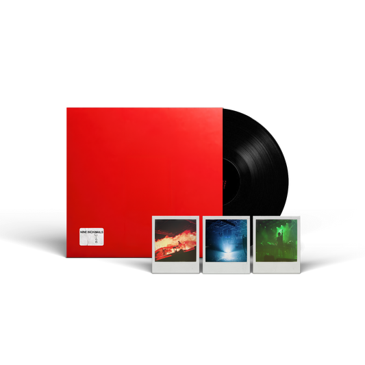 Red vinyl record sleeve with black disc and three Polaroid photos.