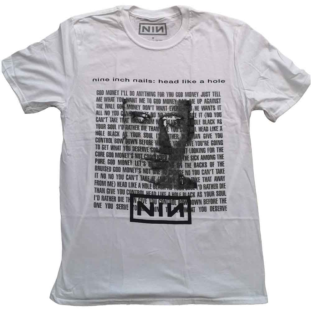 White Nine Inch Nails t-shirt with band logo and lyrics print.