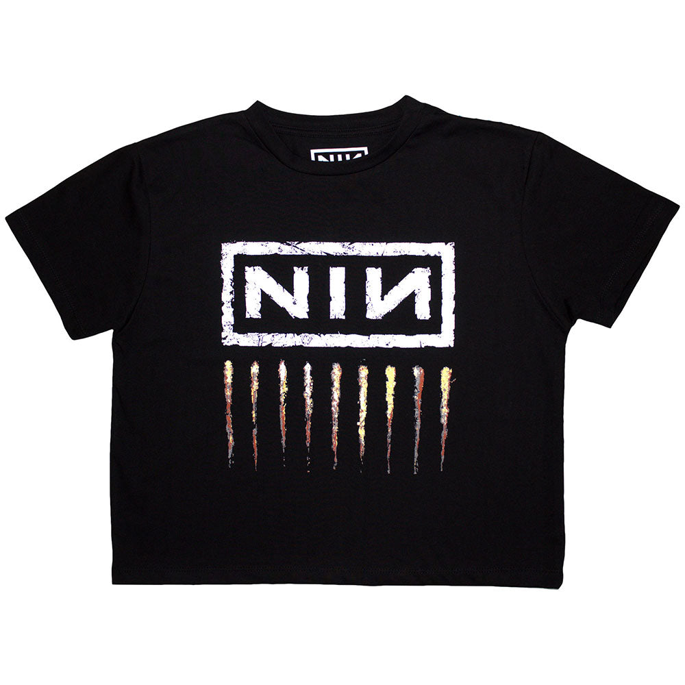 Black cropped t-shirt featuring the Nine Inch Nails Downward Spiral album cover graphic.
