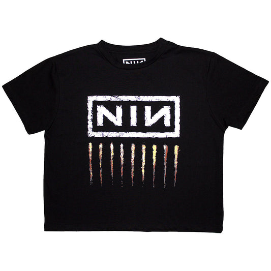 Black cropped t-shirt featuring the Nine Inch Nails Downward Spiral album cover graphic.