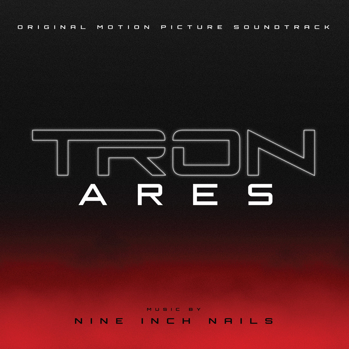 “Tron: Ares” soundtrack album cover with glowing neon lettering and red gradient.