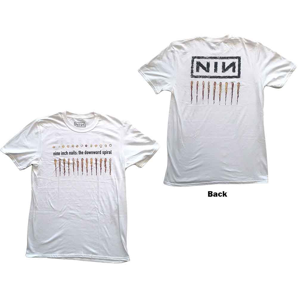 A man wearing a white Nine Inch Nails The Downward Spiral graphic t-shirt.