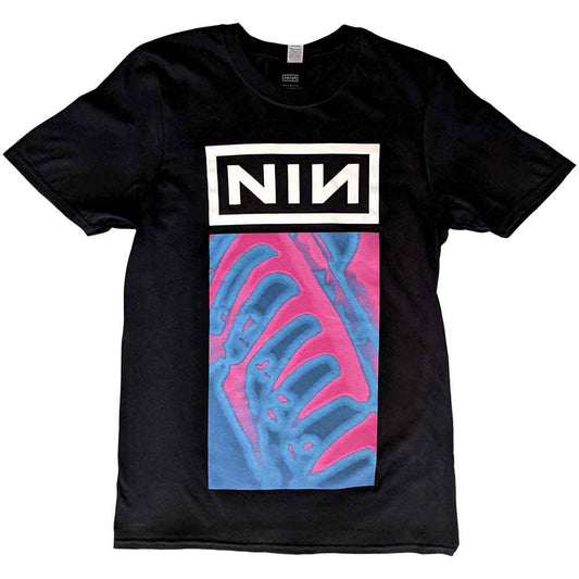Black unisex t-shirt featuring a neon-colored Nine Inch Nails Pretty Hate Machine graphic.