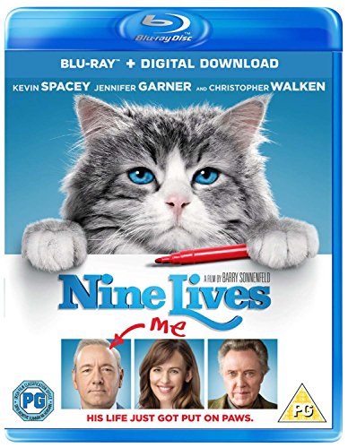 Nine Lives" Blu-ray cover featuring a grey tabby cat and actors Kevin Spacey, Jennifer Garner.