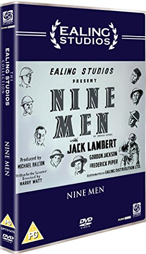 DVD cover for the film Nine Men featuring sketches of soldiers and cast names.