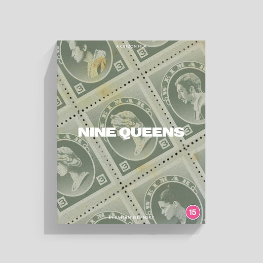 NINE QUEENS" Blu-ray cover with repeating portrait and currency design.