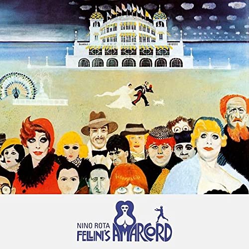 CD cover for Nino Rota’s “Amarcord” featuring a painted coastal town scene.