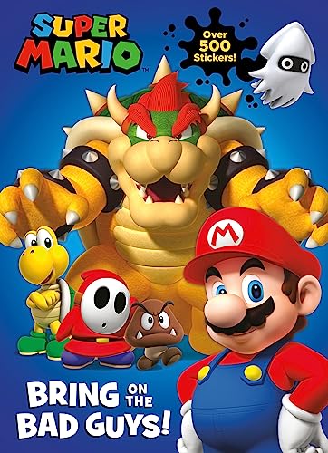 Super Mario characters Bowser, Mario, and others on a sticker book cover.