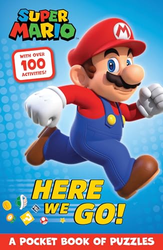 Mario in blue overalls running, cover of a puzzle book.