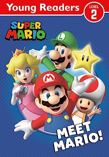 Super Mario characters—Mario, Luigi, Peach, Toad, and a star—on book cover.