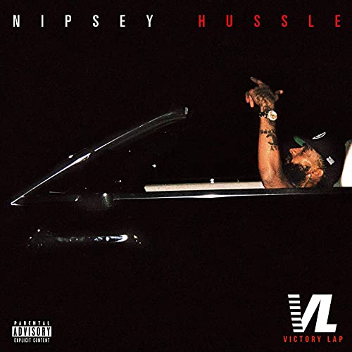 Nipsey Hussle album cover, showing him in a car with raised hand.
