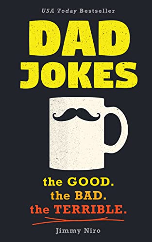 Book cover with yellow text "DAD JOKES" and a mug with a mustache.