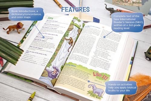 Open children’s Bible with colorful illustrations and highlighted features.
