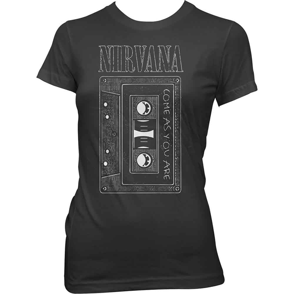 Black women's t-shirt with Nirvana "Come As You Are" cassette graphic.