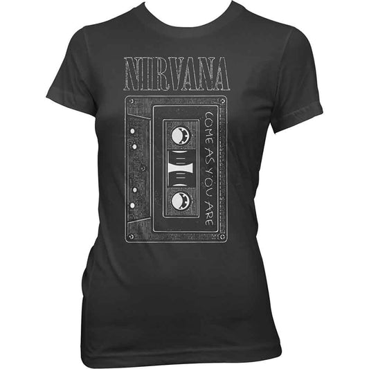 Black women's t-shirt with Nirvana "Come As You Are" cassette graphic.