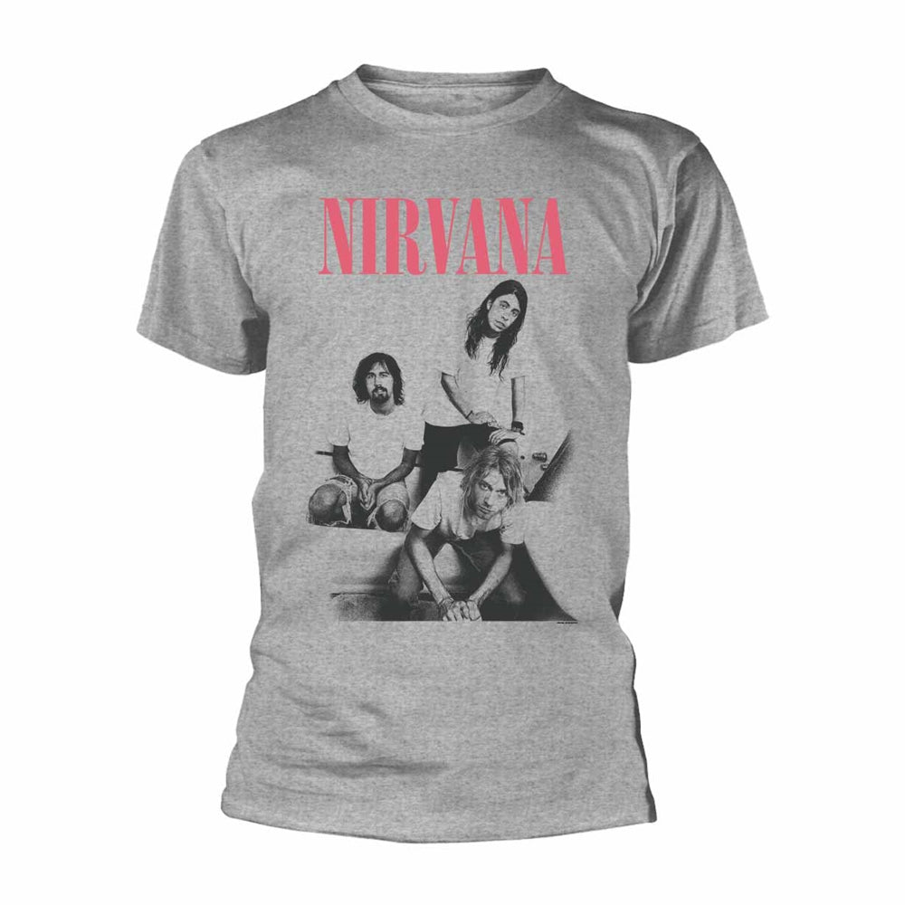 Grey Nirvana t-shirt with a black and white band photo print.