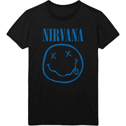 Black t-shirt with blue Nirvana logo and smiley face graphic.