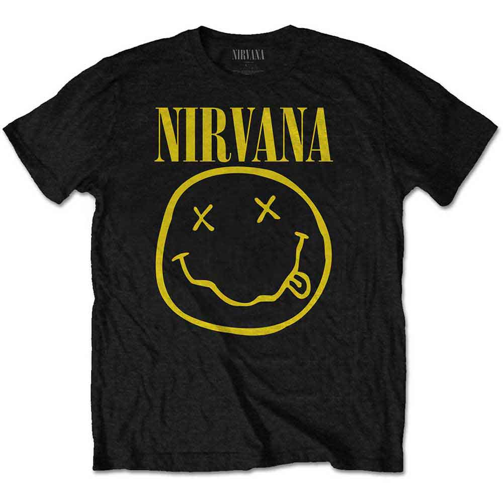 Yellow t-shirt with a black smiley face, sized for a toddler (1-2 years).