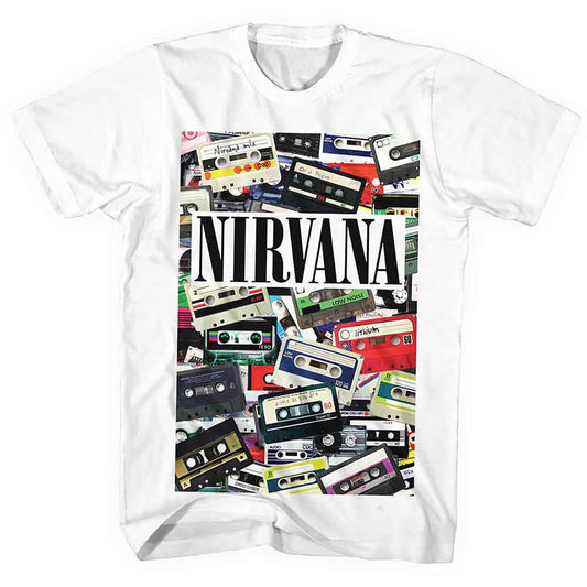 White t-shirt featuring a collage of colorful cassette tapes and the Nirvana logo.