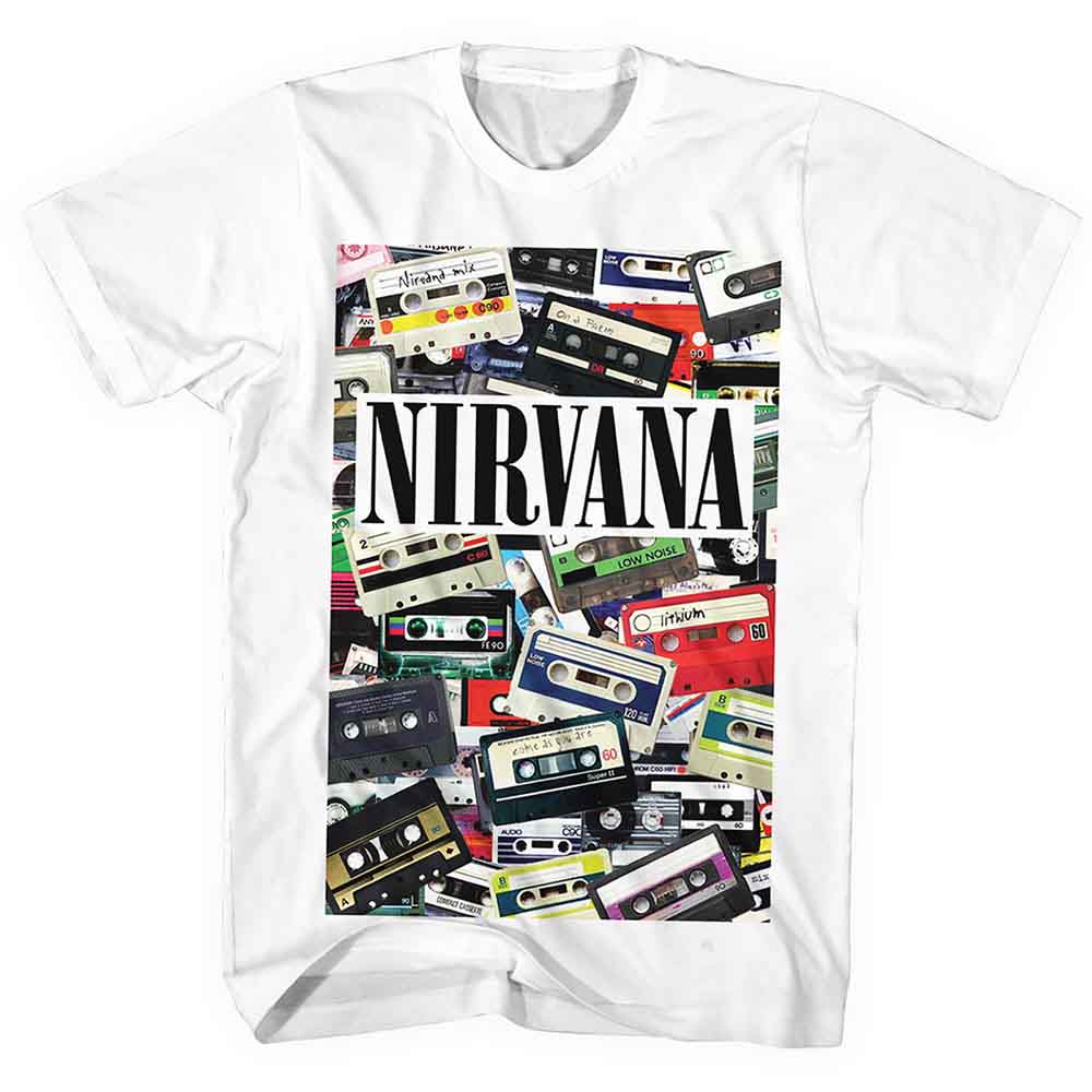 White t-shirt featuring a collage of colorful cassette tapes and the Nirvana logo.