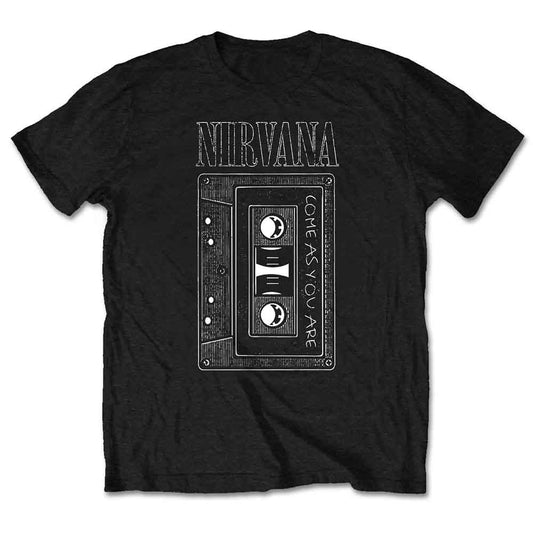 Black Nirvana t-shirt with cassette tape and band logo graphic.