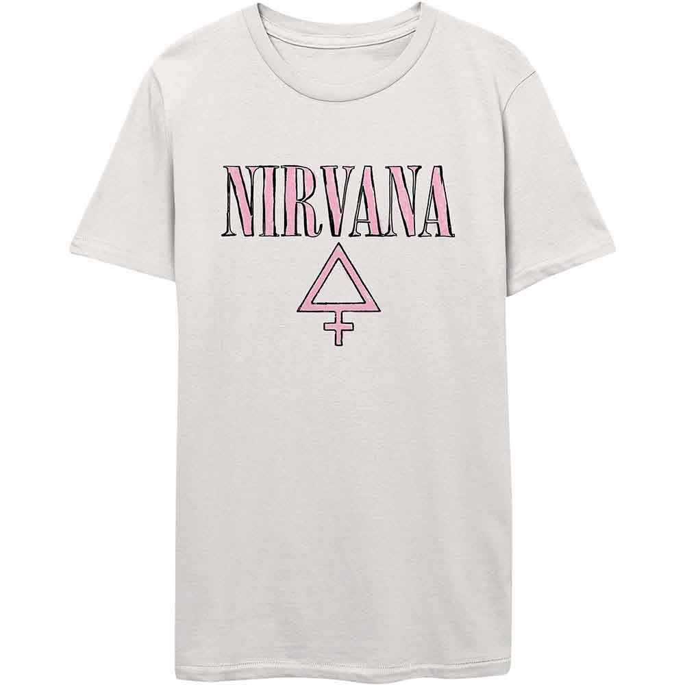 Light gray women's t-shirt with "Nirvana" text and triangle design.