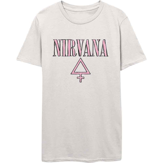 Light gray women's t-shirt with "Nirvana" text and triangle design.