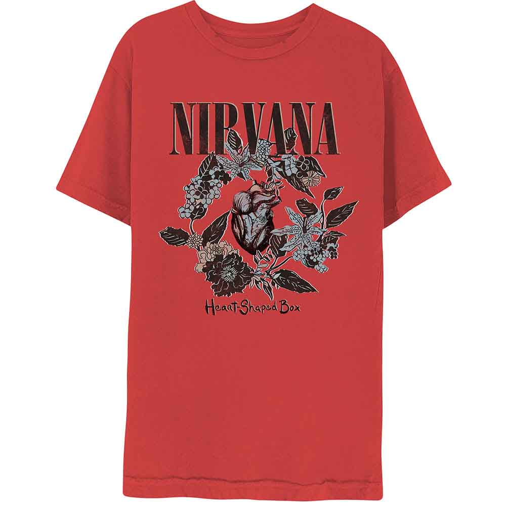 Red Nirvana t-shirt with a heart and floral graphic design.