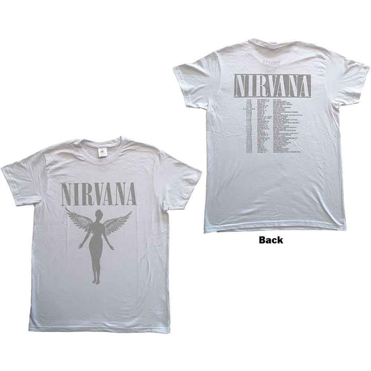 White Nirvana t-shirt with band logo of angel and band name.