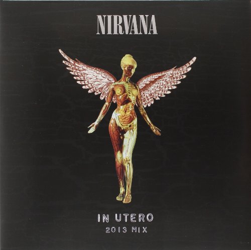 Nirvana In Utero album cover featuring an anatomical winged angel on a black background.