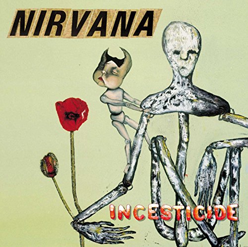 Nirvana Incesticide album cover featuring a painted figure, a small doll, and red poppies.