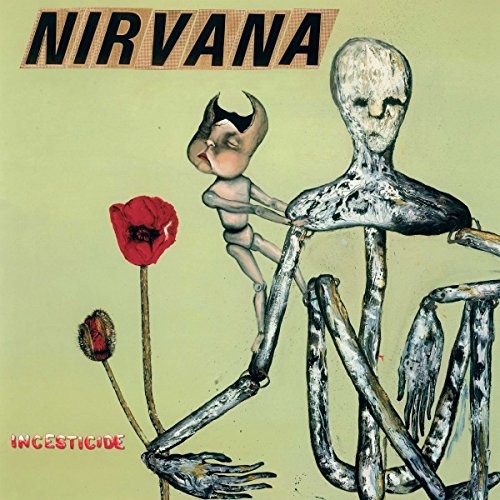 The image shows the cover of Nirvana's album "Incesticide". The alt text is: "Nirvana album cover featuring a skeleton and a small devil-like figure."