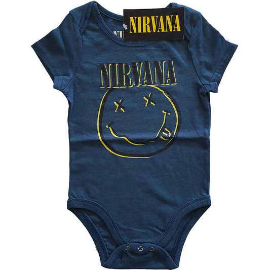 Navy blue baby bodysuit with yellow Nirvana logo and smiley face.