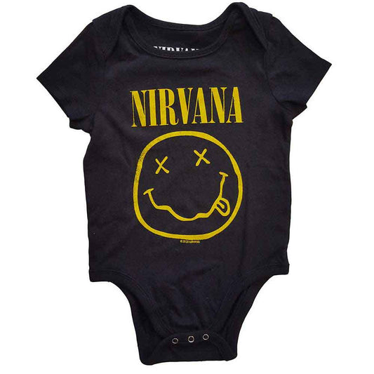 Yellow baby grow with a smiley face, sized for 3-6 month old infants.