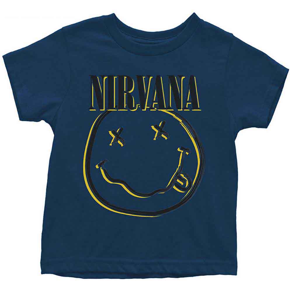 Black toddler t-shirt with white inverted smiley face graphic, size 4 years.