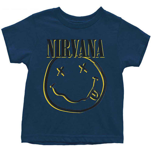 Black toddler t-shirt with white inverted smiley face graphic, size 4 years.