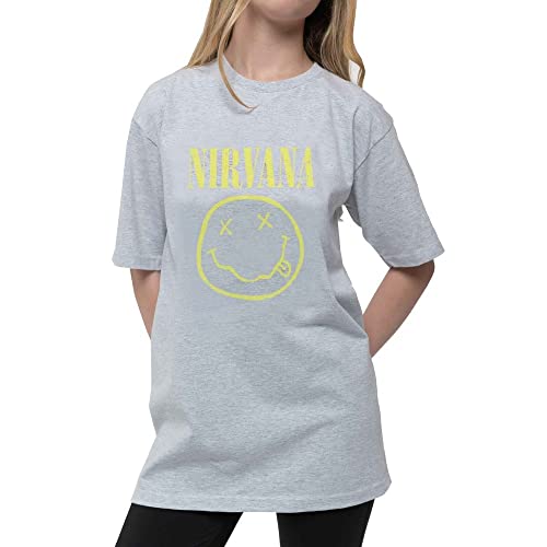 A person wearing a heather grey Nirvana t-shirt with a yellow smiley face logo.