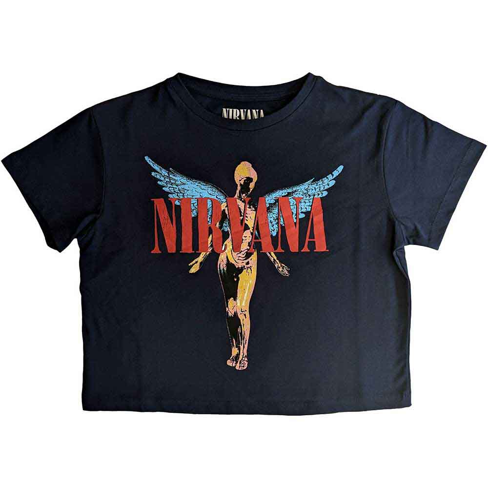 Black cropped t-shirt with white angel wings graphic, size XX-Large.