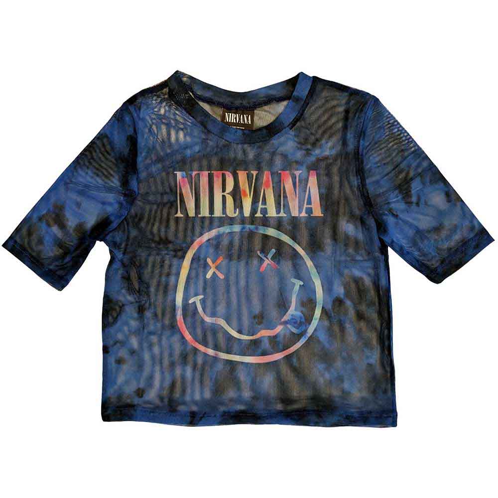 Blue tie-dye mesh crop top with Nirvana logo and happy face.