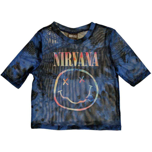 Blue tie-dye mesh crop top with Nirvana logo and happy face.