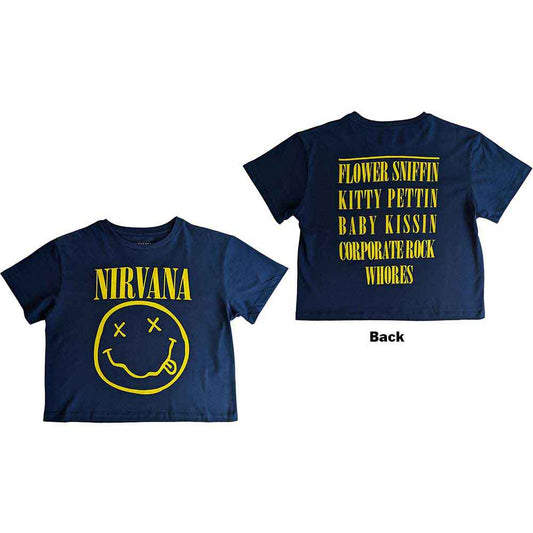 Yellow cropped t-shirt featuring a Nirvana smiley face graphic with a flower on back.