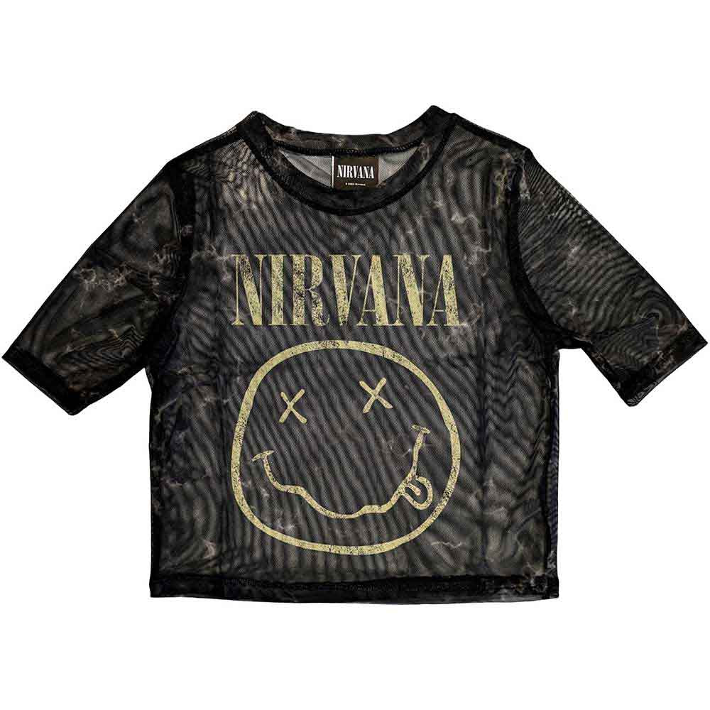 Yellow mesh crop top with a black Nirvana happy face graphic, size X-Small.