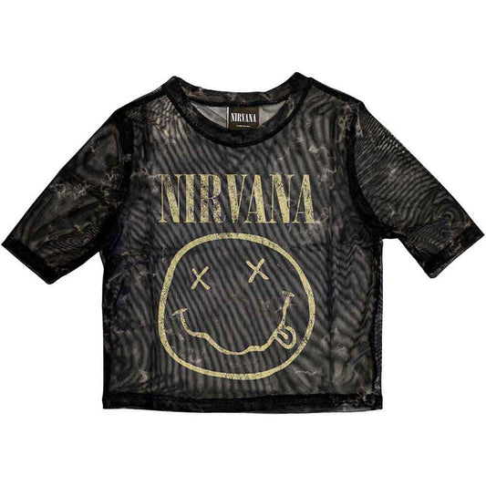 Yellow mesh crop top with a black Nirvana happy face graphic, size X-Small.