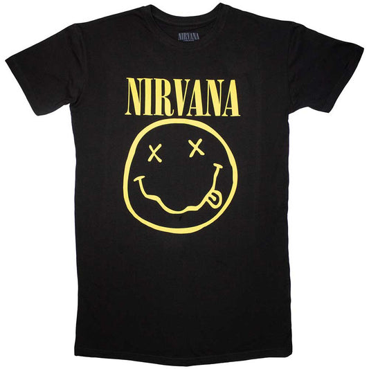 Yellow t-shirt dress with a large Nirvana happy face graphic, size X-Large.