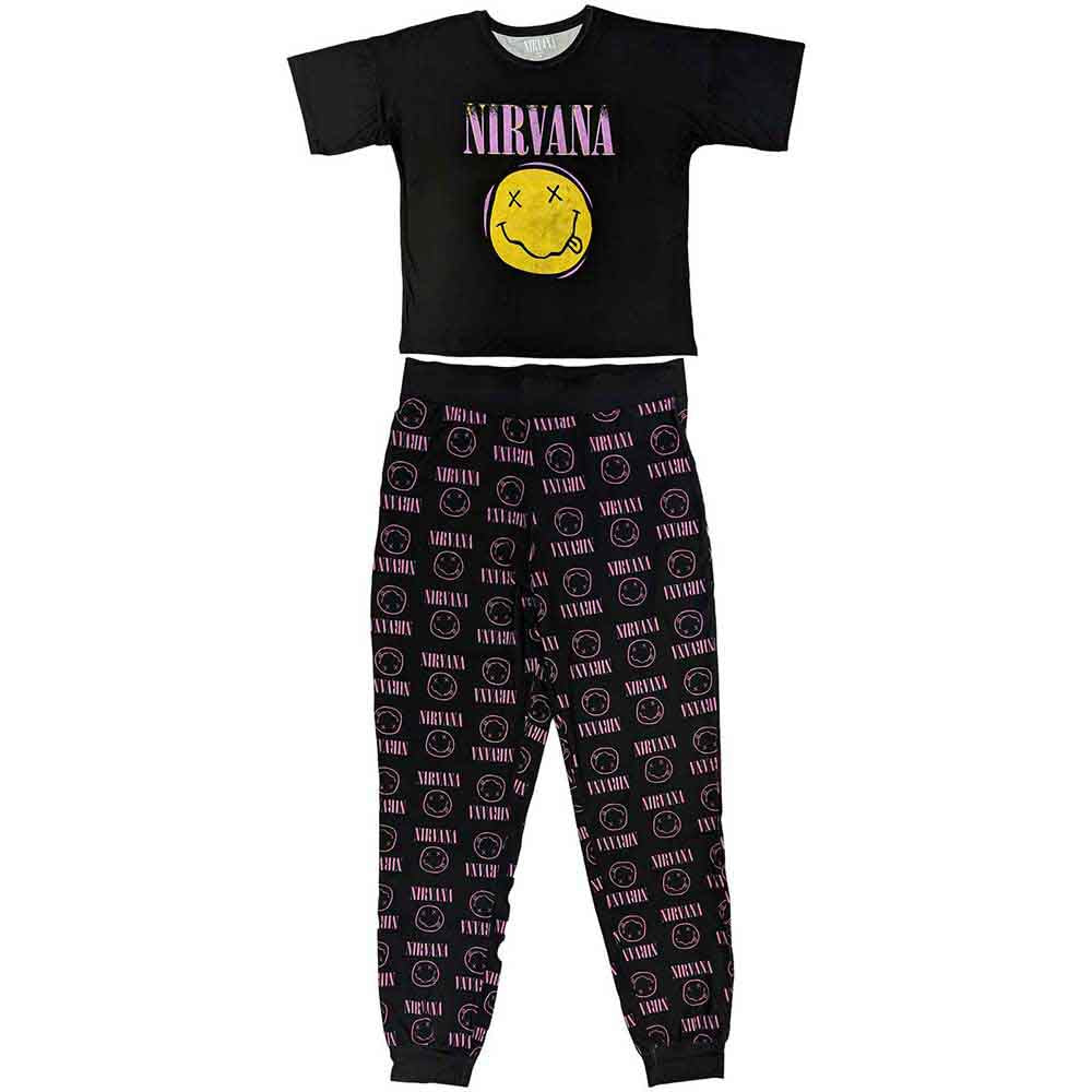 Pink ladies' pyjamas with a smiling face print, size X-Large.
