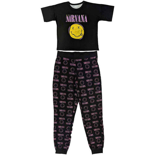 Pink ladies' pyjamas with a smiling face print, size X-Large.