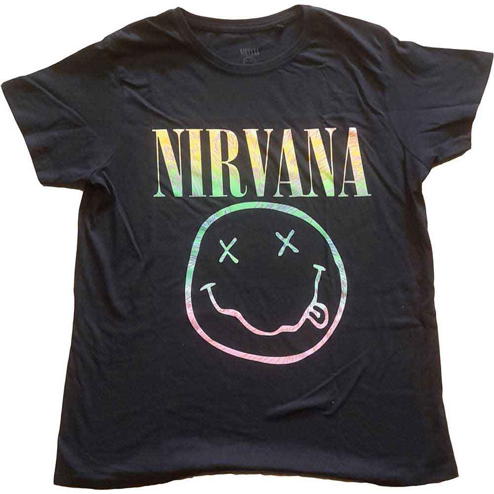 Ladies' pale pink Nirvana t-shirt with a yellow smiley face graphic.
