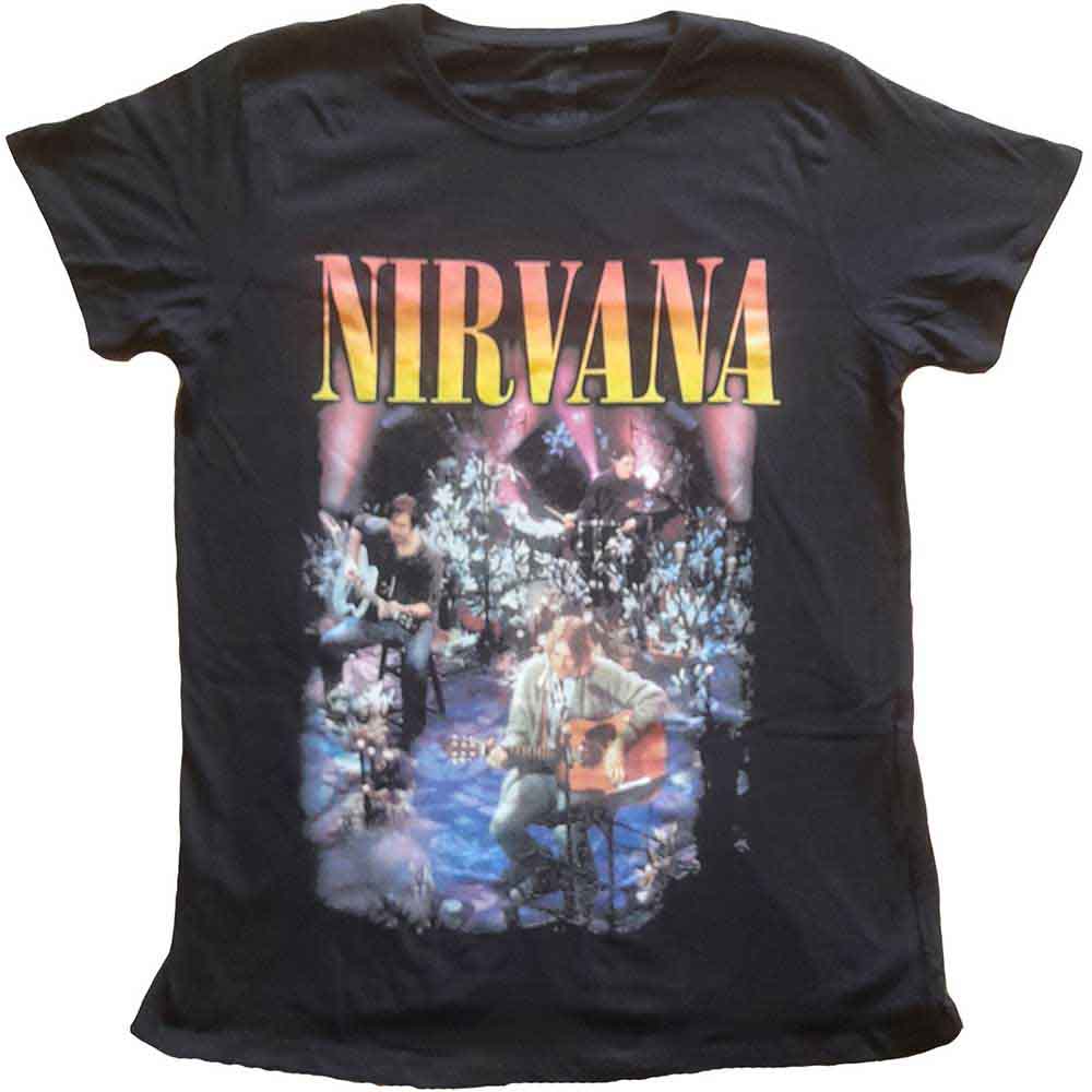Ladies t-shirt featuring a black and white photo from Nirvana's Unplugged performance.