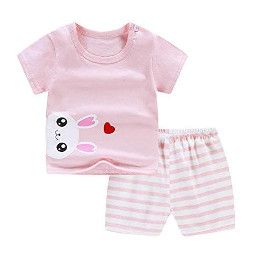 Pink baby outfit with a bunny graphic t-shirt and striped shorts.